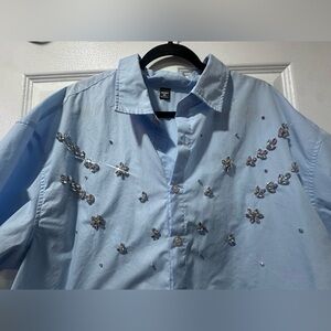 SHEIN Light Blue Embellished Button-Up Shirt